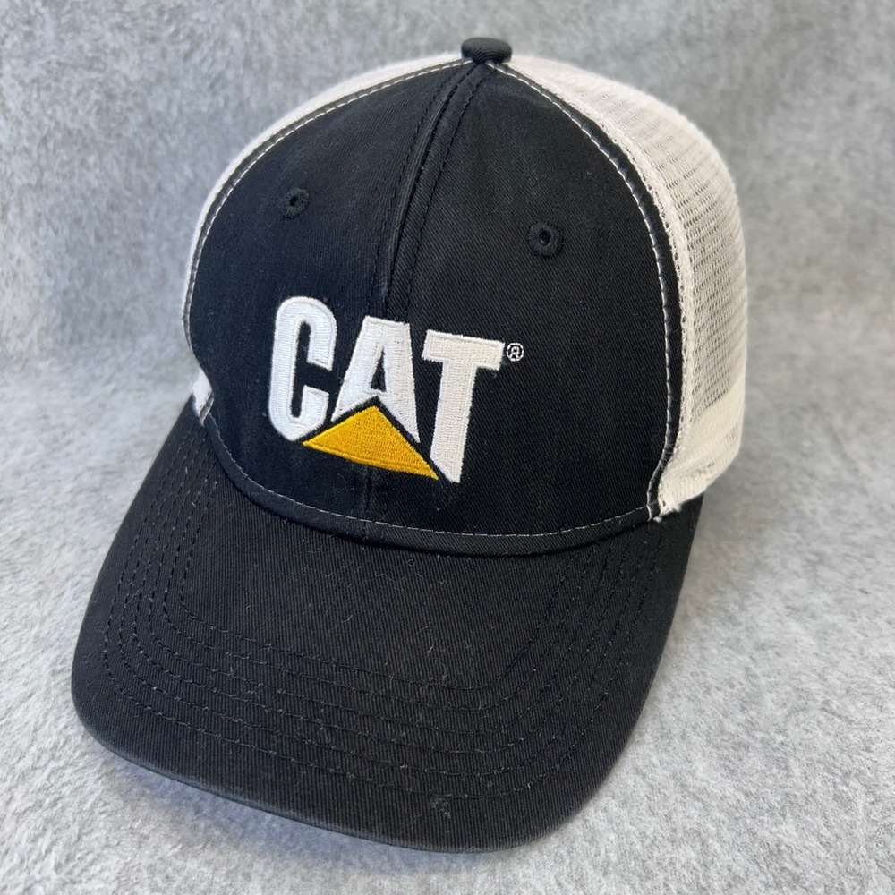 CAT Logo Mens Black Caterpillar Trucker Hat Mesh Snapback OSFM
